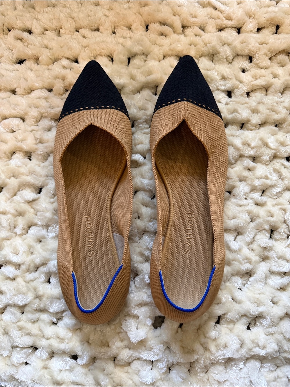 Rothy’s The Point Camel Captoe Flats Black Tan Size 12